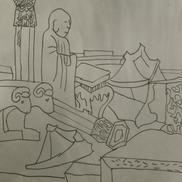 A drawing of bombed Buddhis...