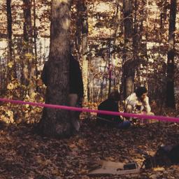People standing among trees...