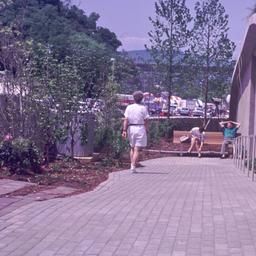 Landscaping and benches.