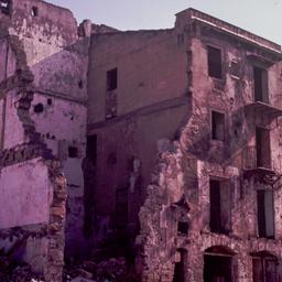 Exterior view, destroyed bu...