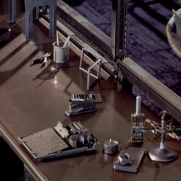 Interior view, steel desk a...