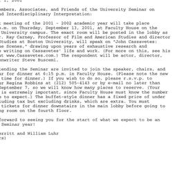 Announcements, 2001-09-13. ...