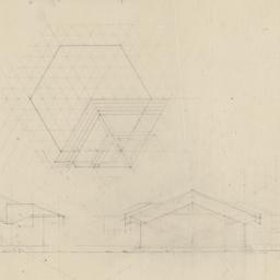 Roof plan, two elevations