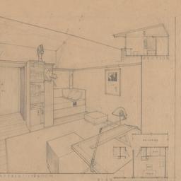 Interior view, section, plan