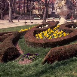 Decorative topiary and urn.
