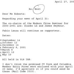 Correspondence, 2001-04-27....