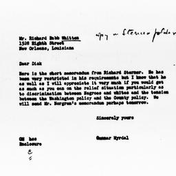 Letter from Gunnar Myrdal t...