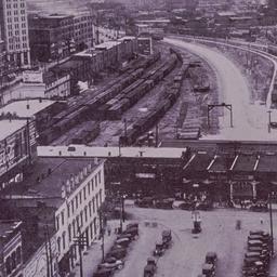 Aerial view, train depot. H...