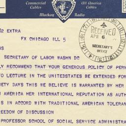Telegram to Secretary of La...