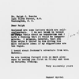 Letter from Gunnar Myrdal t...