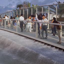 View of pedestrians on bridge.