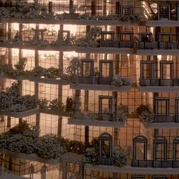 Model, exterior view at night.