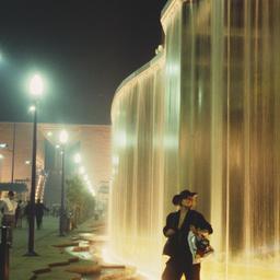 Exterior view, woman posing...