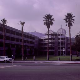 Exterior view, parking garage.