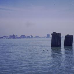 Old piers along waterfront.