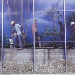 Workers planting vegetation...