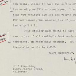 Letter to Tharchin informin...
