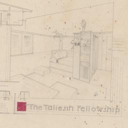 Interior view, section, plan