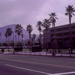 Exterior view, parking garage.