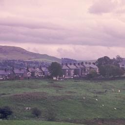 Rowhouses behind field with...