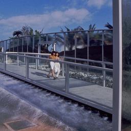 View of pedestrians on bridge.