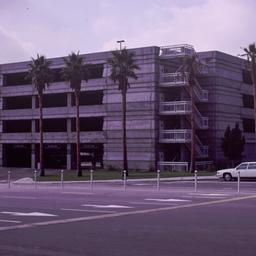 Exterior view, parking garage.