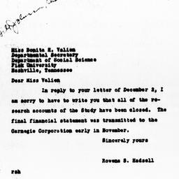 Letter from Rowena S. Hadse...