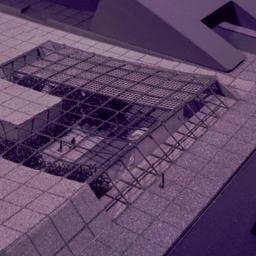 Model, aerial view of plaza.