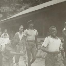 Boys Walking by Cabin
