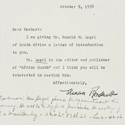 Letter: 1958 October 9