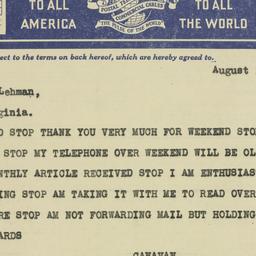 Telegram: 1931 August 21