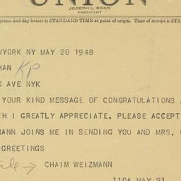 Telegram: 1948 May 20
