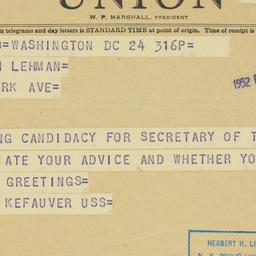 Telegram: 1952 December 24