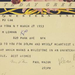 Telegram: 1953 March 27