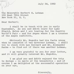 Letter: 1962 July 30
