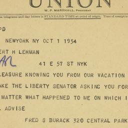 Telegram: 1954 October 1