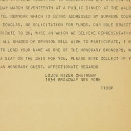 Telegram: 1947 February 18