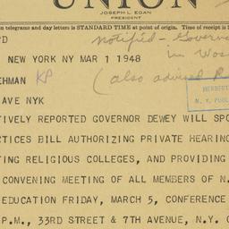 Telegram: 1948 March 1