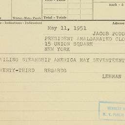 Telegram: 1951 May 11