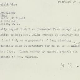 Telegram: 1952 February 27