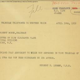 Telegram: 1952 April 30