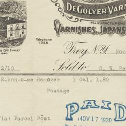 DeGolyer Varnish Works. Bill