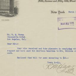 Hotel St. Regis. Letter