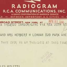 Telegram: 1944 April 21
