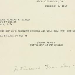 Telegram: 1948 December 6