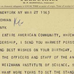 Telegram: 1963 March 27