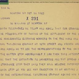 Telegram: 1925 October 16