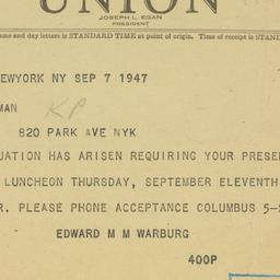 Telegram: 1947 September 7