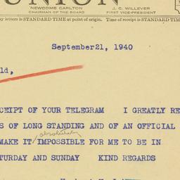 Telegram: 1940 September 21
