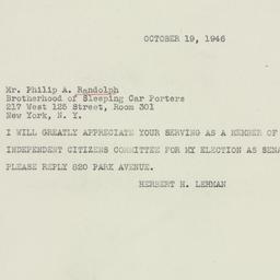 Telegram: 1946 October 19